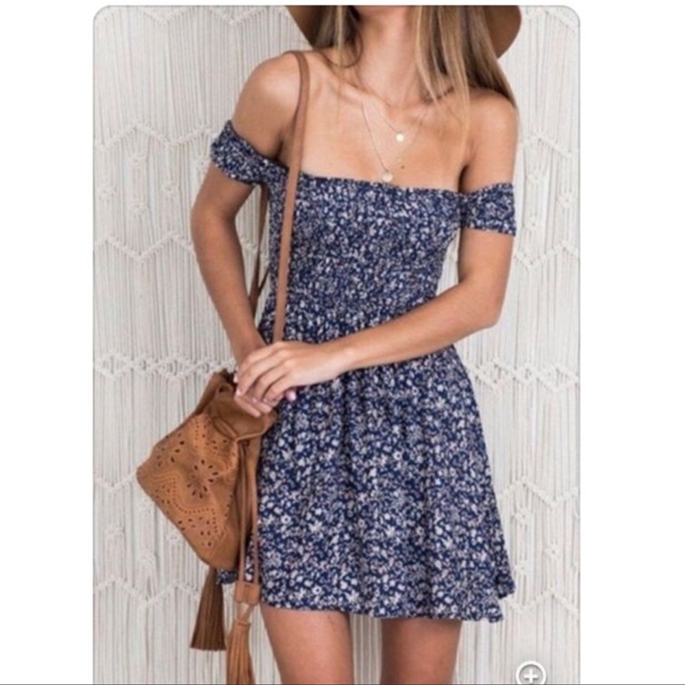 Brandy Melville Navy Blue Floral Smocked Off-The-Shoulder Mini Dress - One Size